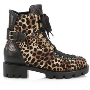 NWT Christian Louboutin Macademia Cheetah Print Calf Hair Combat Boots